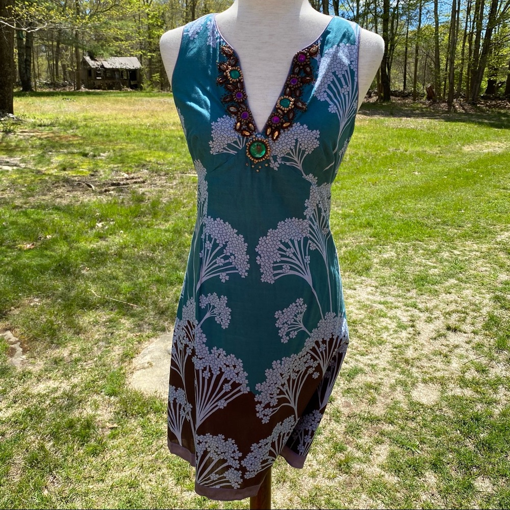 REBECCA TAYLOR DRESS SLEEVELESS MINI GREEN BROWN BEADS V-NECK Size 4